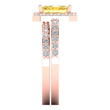 2.16 cttw Emerald Cut Simulated Yellow Diamond Bridal Set - Solid Rose Gold Engagement Ring & Wedding Band