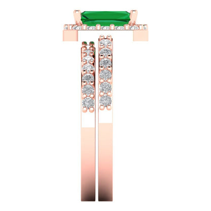 2.16 cttw Emerald Cut Simulated Emerald Bridal Set - Solid Rose Gold Engagement Ring & Wedding Band