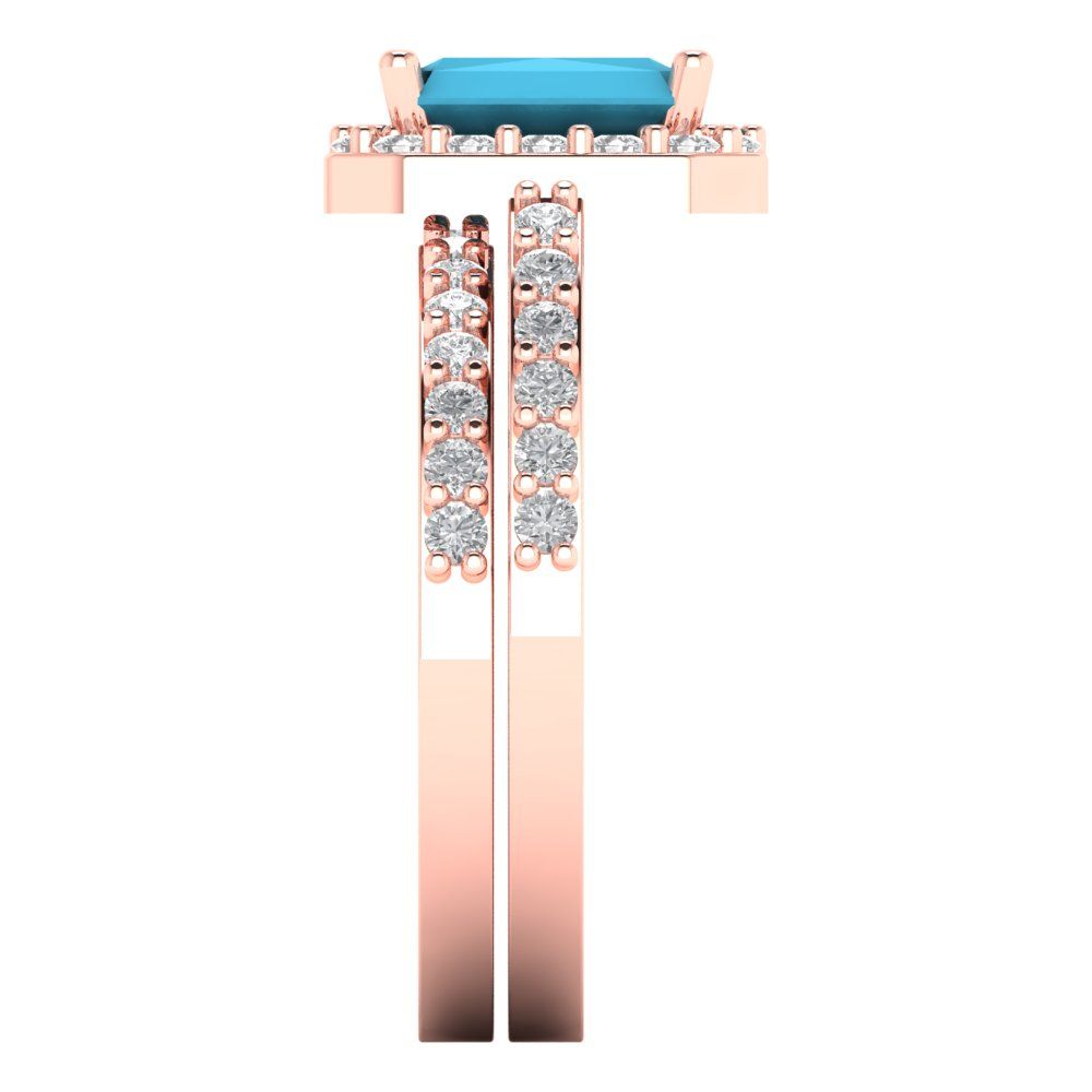 2.16 cttw Emerald Cut Simulated Turquoise Bridal Set - Solid Rose Gold Engagement Ring & Wedding Band