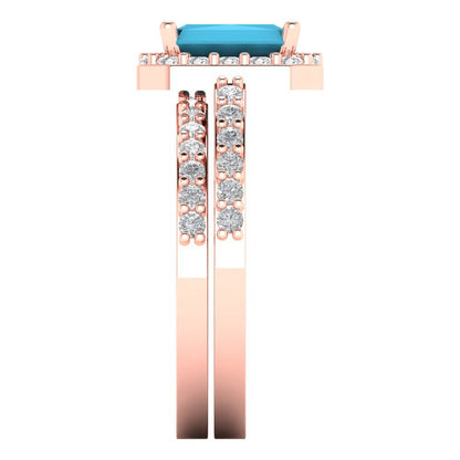 2.16 cttw Emerald Cut Simulated Turquoise Bridal Set - Solid Rose Gold Engagement Ring & Wedding Band
