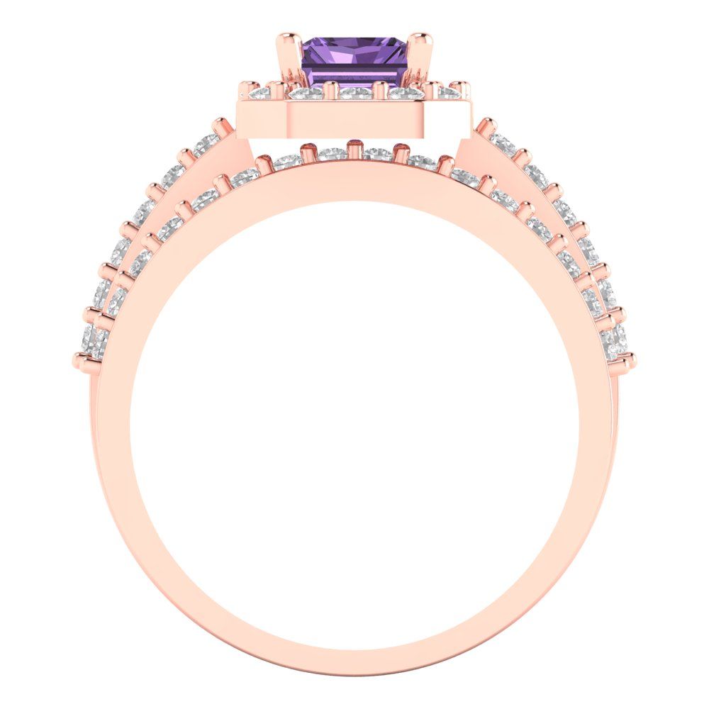 2.16 cttw Emerald Cut Simulated Alexandrite Bridal Set - Solid Rose Gold Engagement Ring & Wedding Band