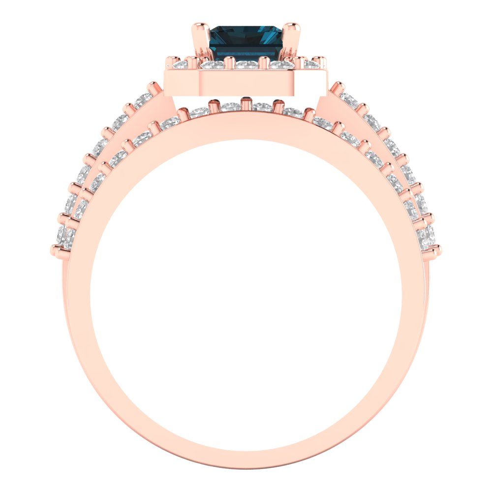 2.16 cttw Emerald Cut Natural London Blue Topaz Bridal Set - Solid Rose Gold Engagement Ring & Wedding Band