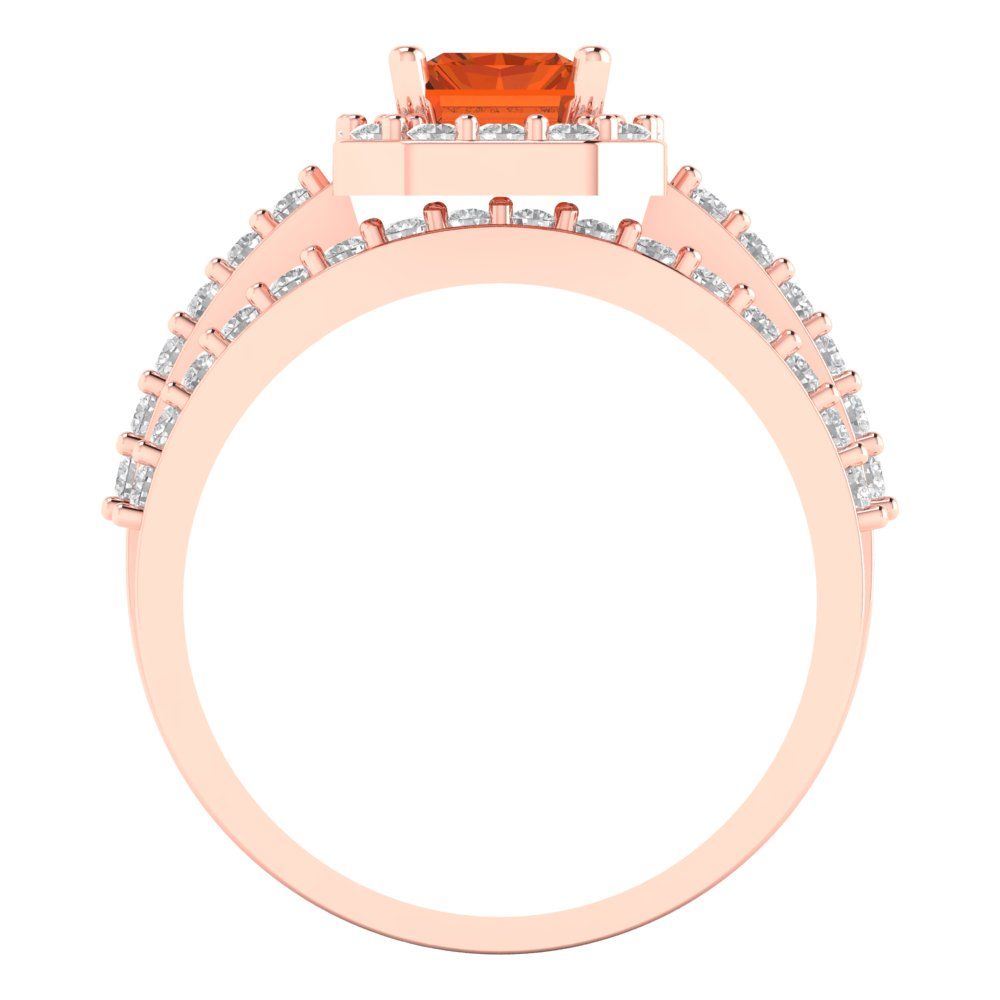 2.16 cttw Emerald Cut Simulated Red Diamond Bridal Set - Solid Rose Gold Engagement Ring & Wedding Band