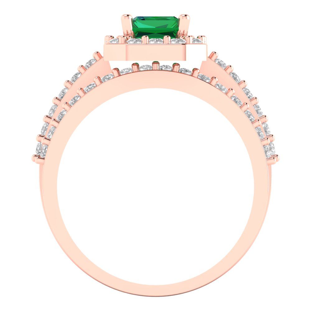 2.16 cttw Emerald Cut Simulated Emerald Bridal Set - Solid Rose Gold Engagement Ring & Wedding Band