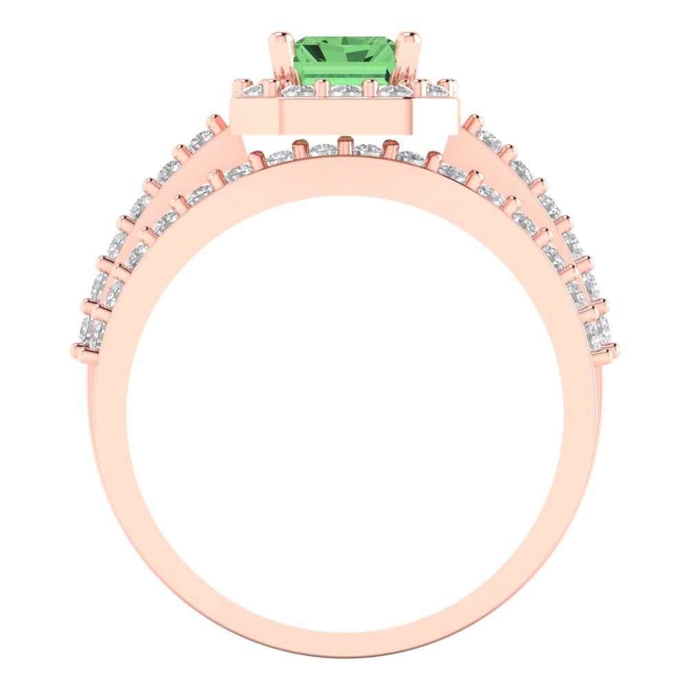 2.16 cttw Emerald Cut Simulated Green Diamond Bridal Set - Solid Rose Gold Engagement Ring & Wedding Band