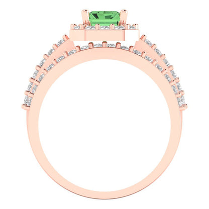 2.16 cttw Emerald Cut Simulated Green Diamond Bridal Set - Solid Rose Gold Engagement Ring & Wedding Band
