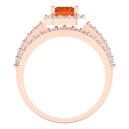 2.16 cttw Emerald Cut Simulated Ruby Bridal Set - Solid Rose Gold Engagement Ring & Wedding Band