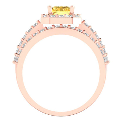2.16 cttw Emerald Cut Natural Citrine Bridal Set - Solid Rose Gold Engagement Ring & Wedding Band