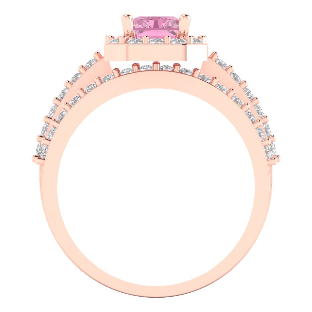2.16 cttw Emerald Cut Simulated Pink Diamond Bridal Set - Solid Rose Gold Engagement Ring & Wedding Band