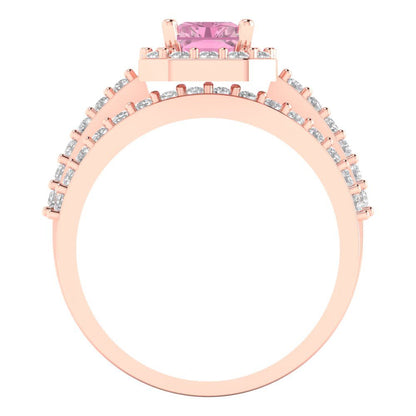 2.16 cttw Emerald Cut Simulated Pink Diamond Bridal Set - Solid Rose Gold Engagement Ring & Wedding Band