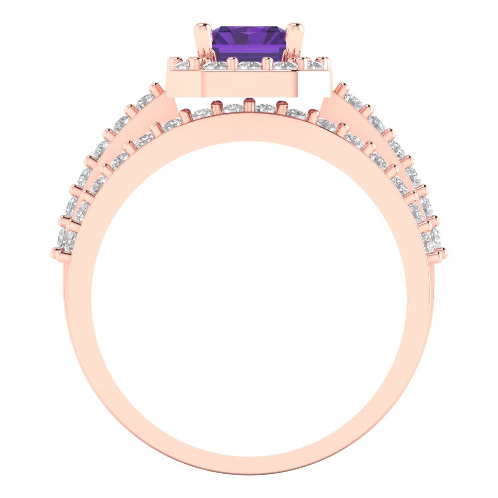 2.16 cttw Emerald Cut Natural Amethyst Bridal Set - Solid Rose Gold Engagement Ring & Wedding Band