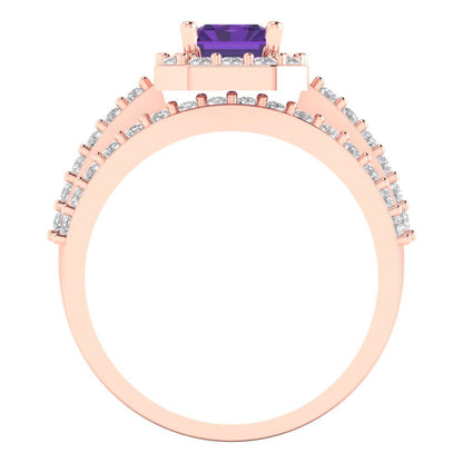 2.16 cttw Emerald Cut Natural Amethyst Bridal Set - Solid Rose Gold Engagement Ring & Wedding Band