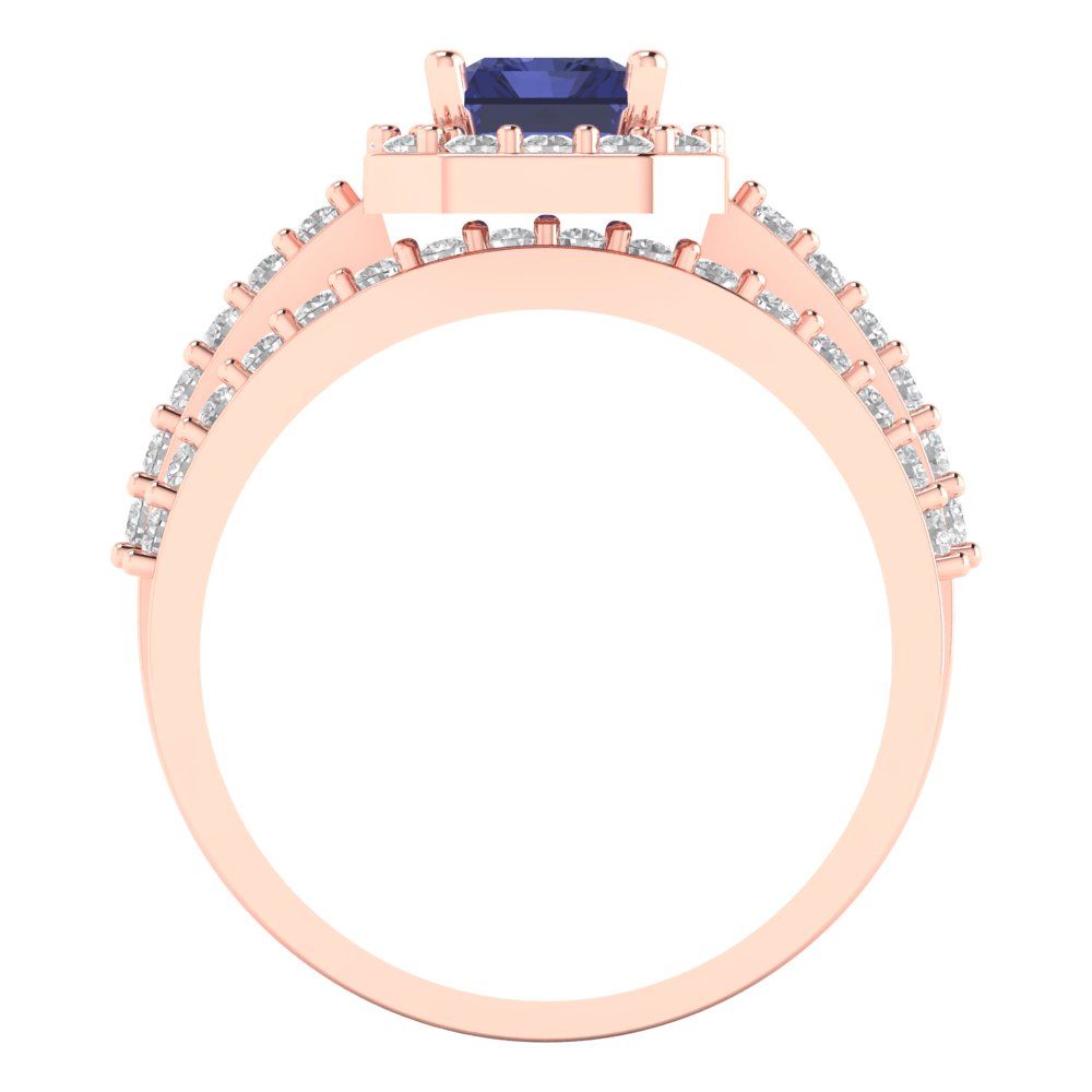 2.16 cttw Emerald Cut Simulated Tanzanite Bridal Set - Solid Rose Gold Engagement Ring & Wedding Band
