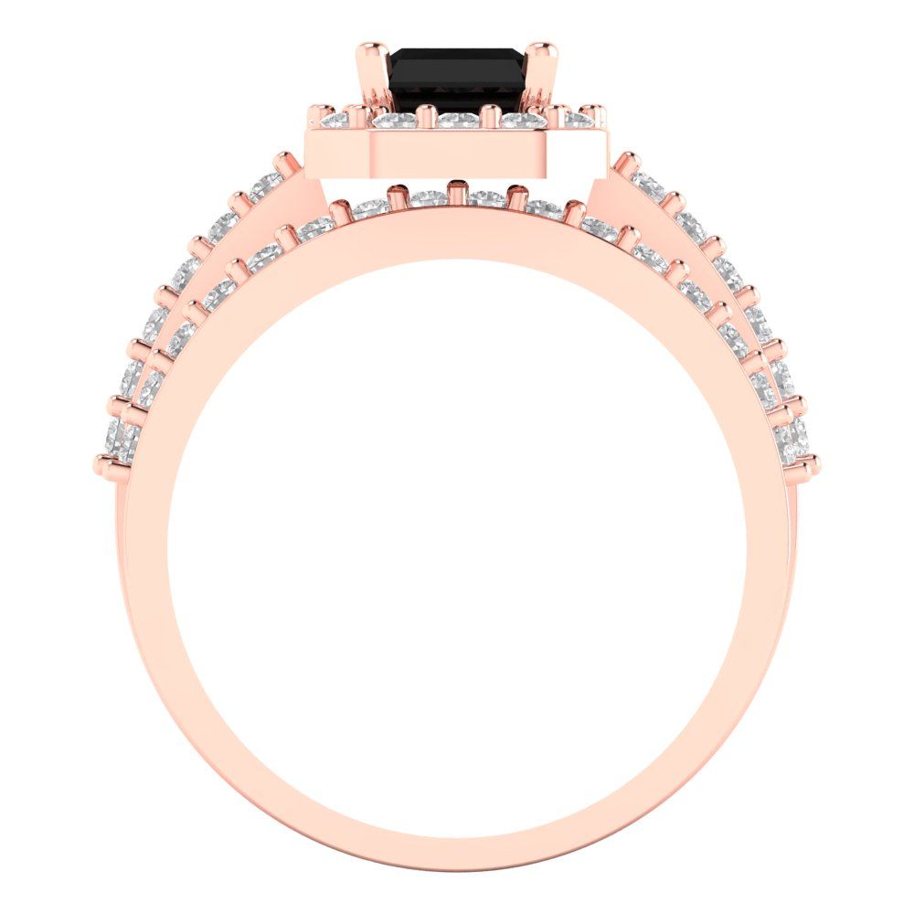 2.16 cttw Emerald Cut Natural Onyx Bridal Set - Solid Rose Gold Engagement Ring & Wedding Band