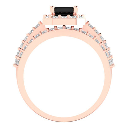 2.16 cttw Emerald Cut Natural Onyx Bridal Set - Solid Rose Gold Engagement Ring & Wedding Band