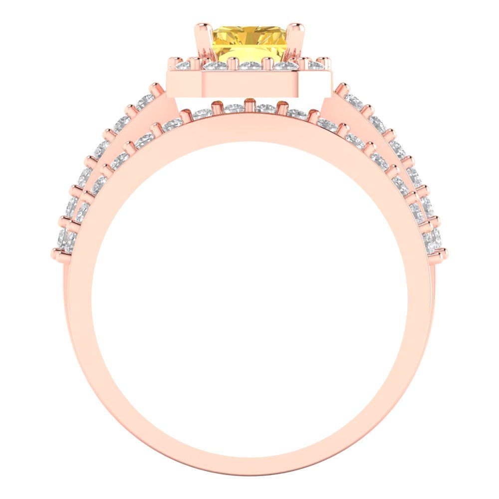 2.16 cttw Emerald Cut Simulated Yellow Diamond Bridal Set - Solid Rose Gold Engagement Ring & Wedding Band