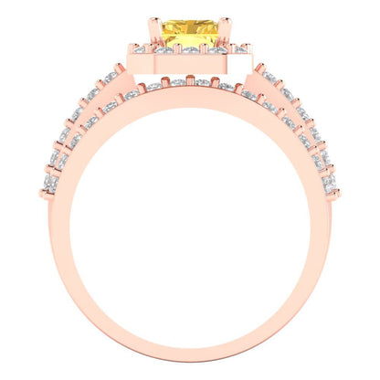 2.16 cttw Emerald Cut Simulated Yellow Diamond Bridal Set - Solid Rose Gold Engagement Ring & Wedding Band