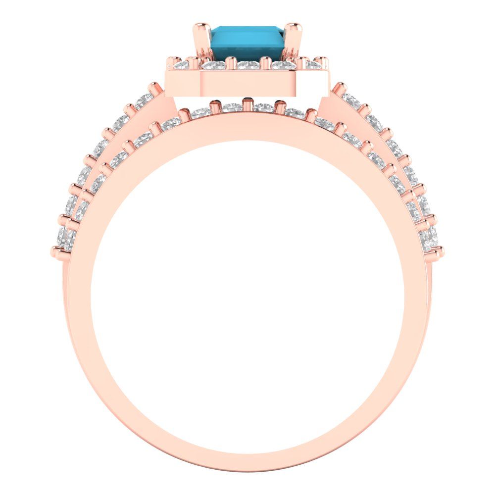 2.16 cttw Emerald Cut Simulated Turquoise Bridal Set - Solid Rose Gold Engagement Ring & Wedding Band