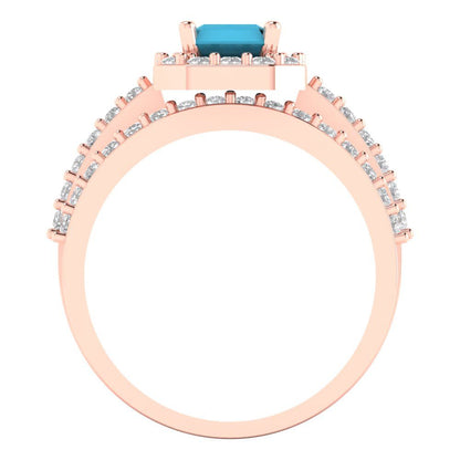 2.16 cttw Emerald Cut Simulated Turquoise Bridal Set - Solid Rose Gold Engagement Ring & Wedding Band
