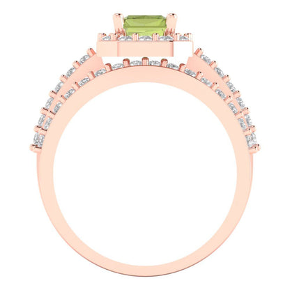 2.16 cttw Emerald Cut Natural Peridot Bridal Set - Solid Rose Gold Engagement Ring & Wedding Band