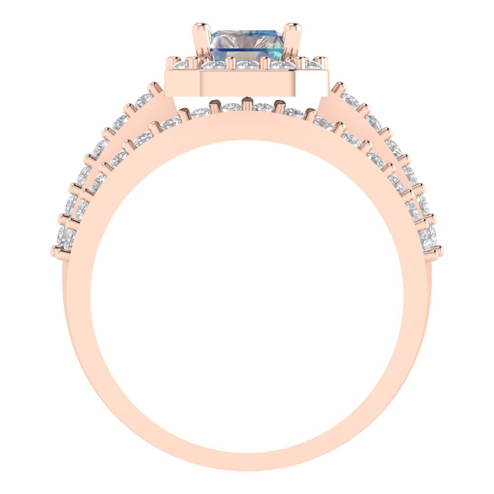 2.16 cttw Emerald Cut Blue Moissanite Bridal Set - Solid Rose Gold Engagement Ring & Wedding Band