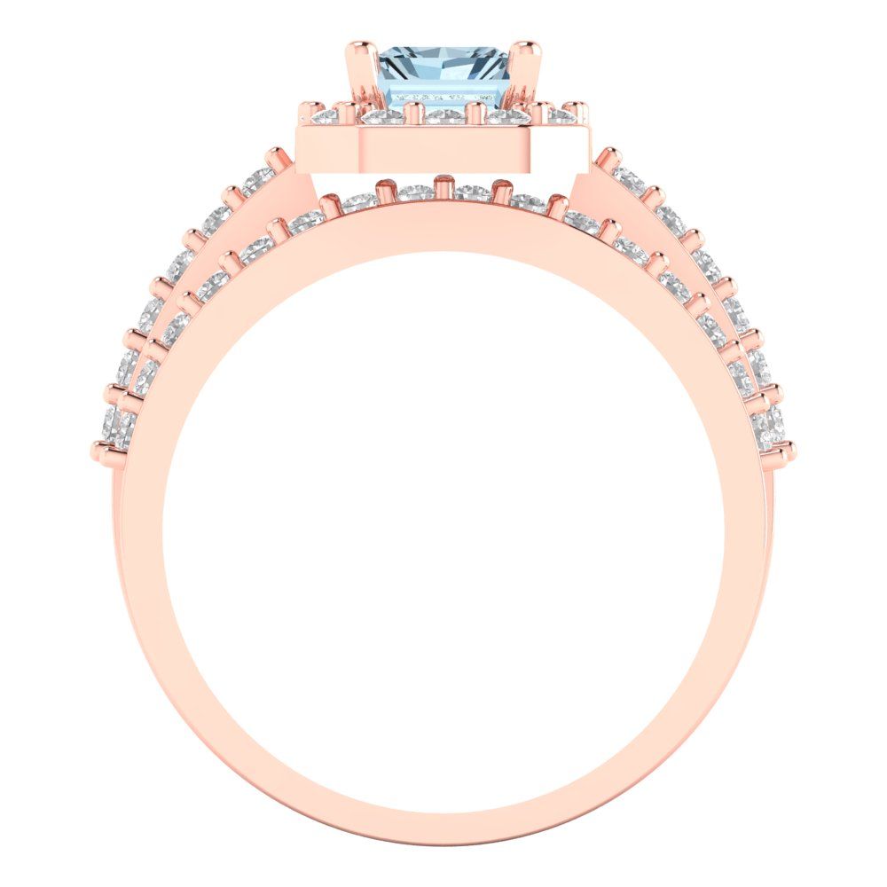 2.16 cttw Emerald Cut Natural Aquamarine Bridal Set - Solid Rose Gold Engagement Ring & Wedding Band