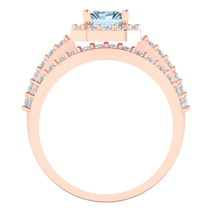 2.16 cttw Emerald Cut Natural Aquamarine Bridal Set - Solid Rose Gold Engagement Ring & Wedding Band