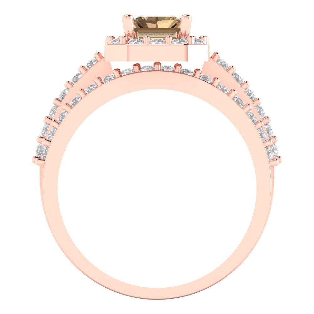 2.16 cttw Emerald Cut Simulated Champagne Diamond Bridal Set - Solid Rose Gold Engagement Ring & Wedding Band