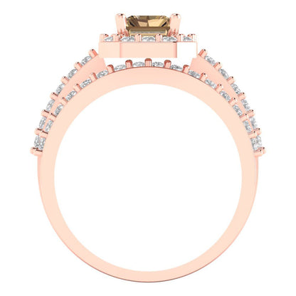 2.16 cttw Emerald Cut Simulated Champagne Diamond Bridal Set - Solid Rose Gold Engagement Ring & Wedding Band