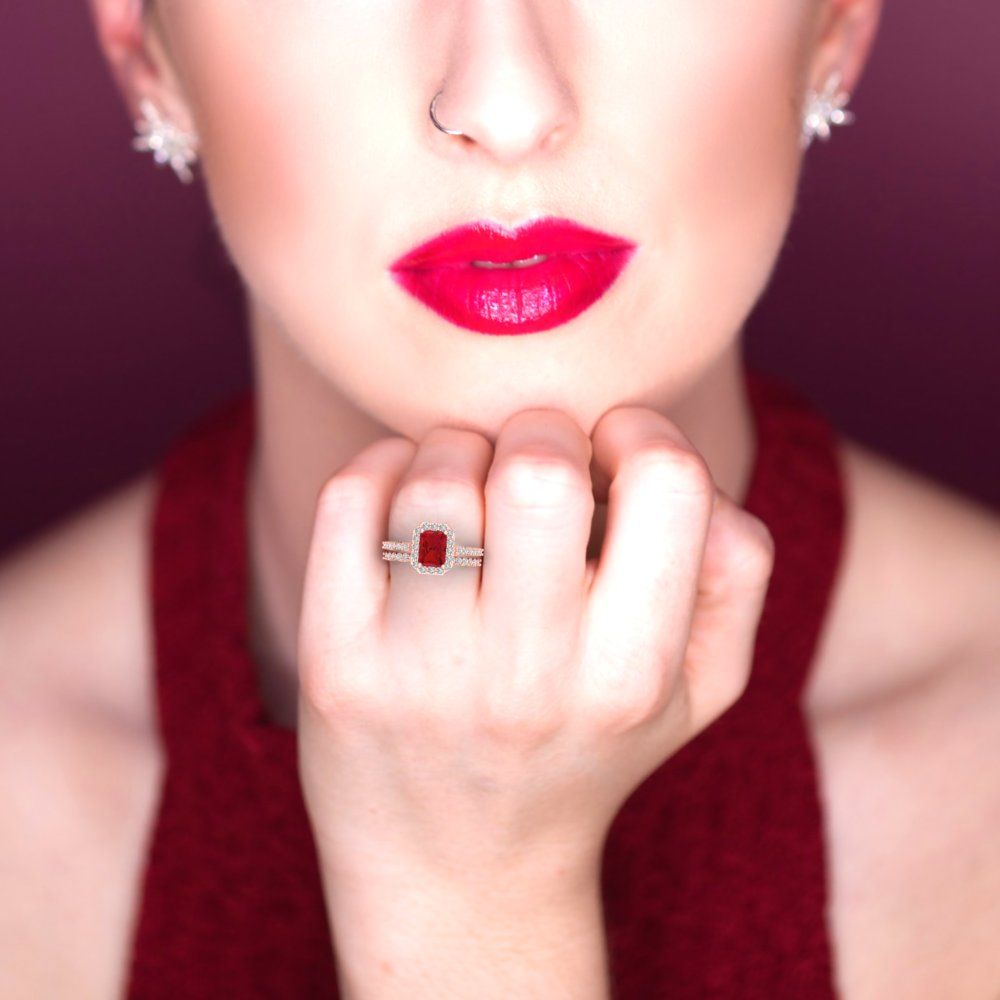 2.16 cttw Emerald Cut Simulated Ruby Bridal Set - Solid Rose Gold Engagement Ring & Wedding Band