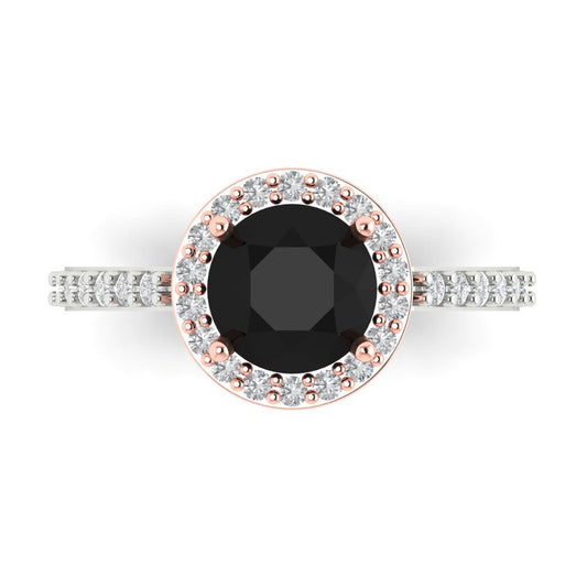 1.86 cttw Natural Onyx Solitaire with Zirconia Simulated Diamond Accents Engagement Ring - Solid White/Rose Gold (VVS1, Round Cut,7.5mm)