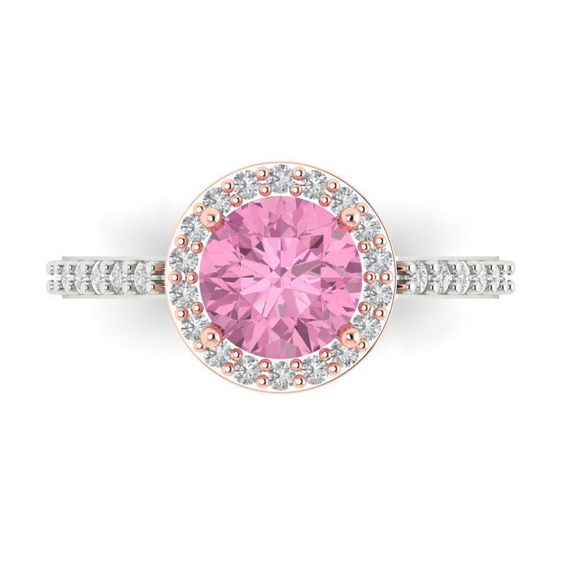 2 ct Brilliant Round Cut Pink Simulated Diamond Stone White/Rose Gold Halo Solitaire with Accents Ring