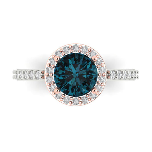 1.86 cttw Natural London Blue Topaz Solitaire with Zirconia Simulated Diamond Accents Engagement Ring - Solid White/Rose Gold (VVS1, Round Cut,7.5mm)