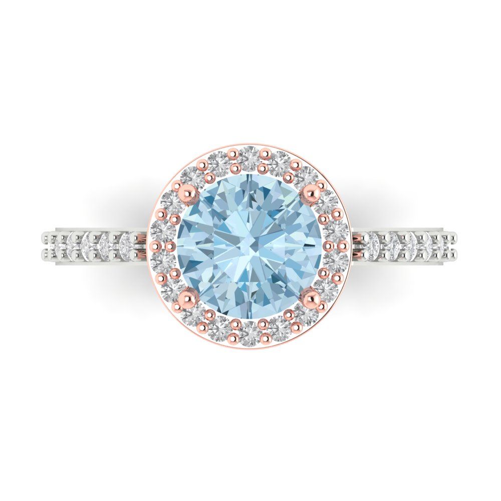 1.86 cttw Natural Swiss Blue Topaz Solitaire with Zirconia Simulated Diamond Accents Engagement Ring - Solid White/Rose Gold (VVS1, Round Cut,7.5mm)
