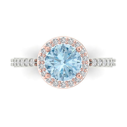 1.86 cttw Natural Swiss Blue Topaz Solitaire with Zirconia Simulated Diamond Accents Engagement Ring - Solid White/Rose Gold (VVS1, Round Cut,7.5mm)