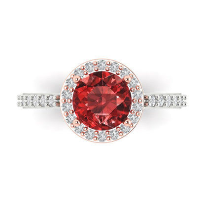 1.86 cttw Natural Garnet Solitaire with Zirconia Simulated Diamond Accents Engagement Ring - Solid White/Rose Gold (VVS1, Round Cut,7.5mm)