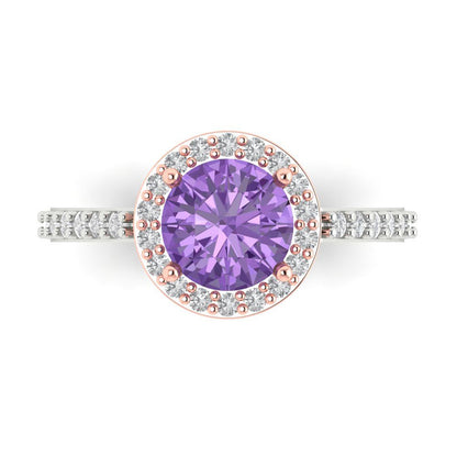 1.86 cttw Simulated Alexandrite Solitaire with Zirconia Simulated Diamond Accents Engagement Ring - Solid White/Rose Gold (VVS1, Round Cut,7.5mm)