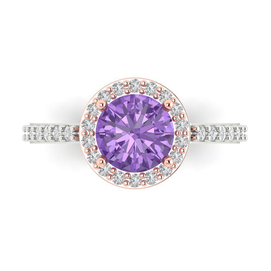 1.86 cttw Simulated Alexandrite Solitaire with Zirconia Simulated Diamond Accents Engagement Ring - Solid White/Rose Gold (VVS1, Round Cut,7.5mm)
