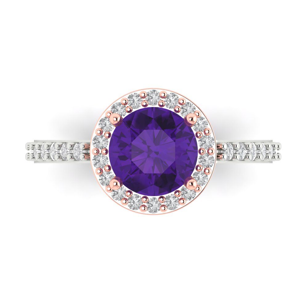 1.86 cttw Natural Amethyst Solitaire with Zirconia Simulated Diamond Accents Engagement Ring - Solid White/Rose Gold (VVS1, Round Cut,7.5mm)