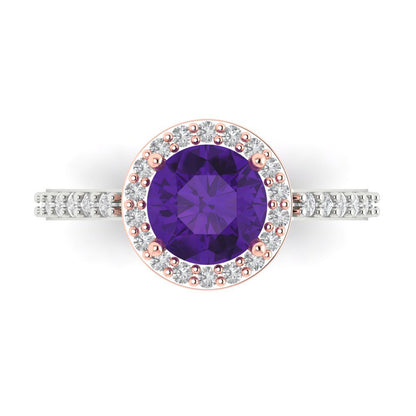 1.86 cttw Natural Amethyst Solitaire with Zirconia Simulated Diamond Accents Engagement Ring - Solid White/Rose Gold (VVS1, Round Cut,7.5mm)