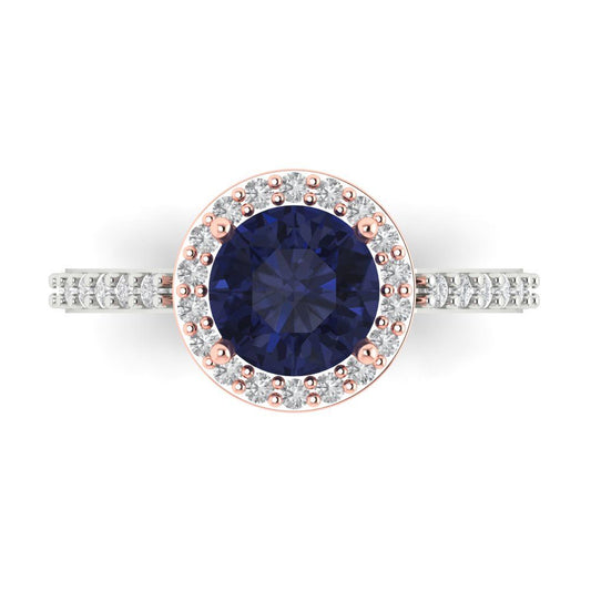1.86 cttw Simulated Blue Sapphire Solitaire with Zirconia Simulated Diamond Accents Engagement Ring - Solid White/Rose Gold (VVS1, Round Cut,7.5mm)