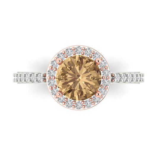 1.86 cttw Zirconia Simulated Champagne Diamond Solitaire with Zirconia Simulated Diamond Accents Engagement Ring - Solid White/Rose Gold (VVS1, Round Cut,7.5mm)