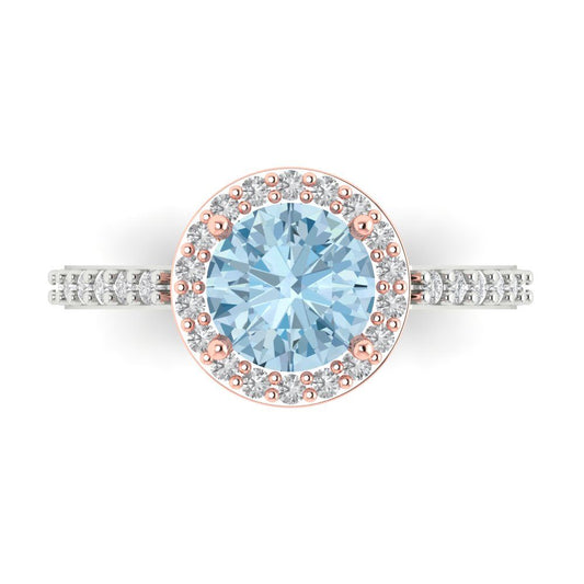 1.86 cttw Zirconia Simulated Blue Diamond Solitaire with Zirconia Simulated Diamond Accents Engagement Ring - Solid White/Rose Gold (VVS1, Round Cut,7.5mm)