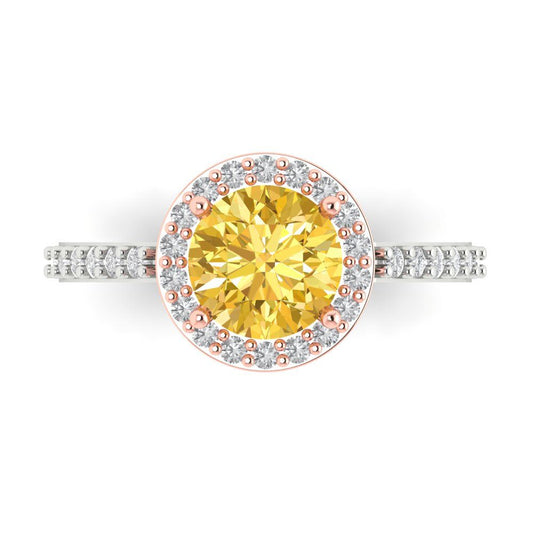 1.86 cttw Natural Citrine Solitaire with Zirconia Simulated Diamond Accents Engagement Ring - Solid White/Rose Gold (VVS1, Round Cut,7.5mm)