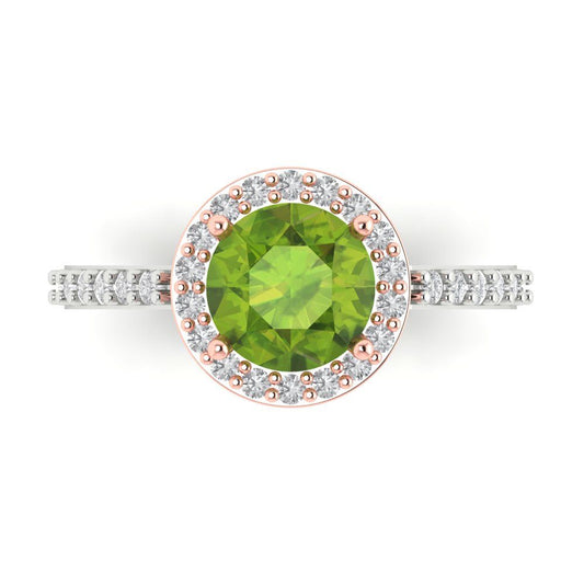 1.86 cttw Natural Peridot Solitaire with Zirconia Simulated Diamond Accents Engagement Ring - Solid White/Rose Gold (VVS1, Round Cut,7.5mm)