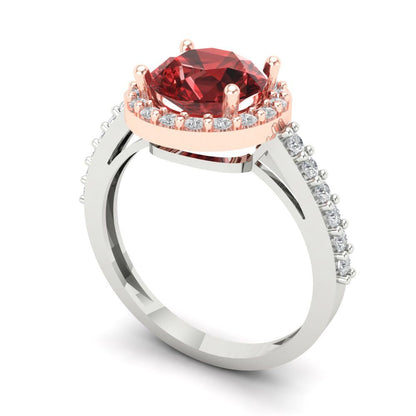 1.86 cttw Natural Garnet Solitaire with Zirconia Simulated Diamond Accents Engagement Ring - Solid White/Rose Gold (VVS1, Round Cut,7.5mm)