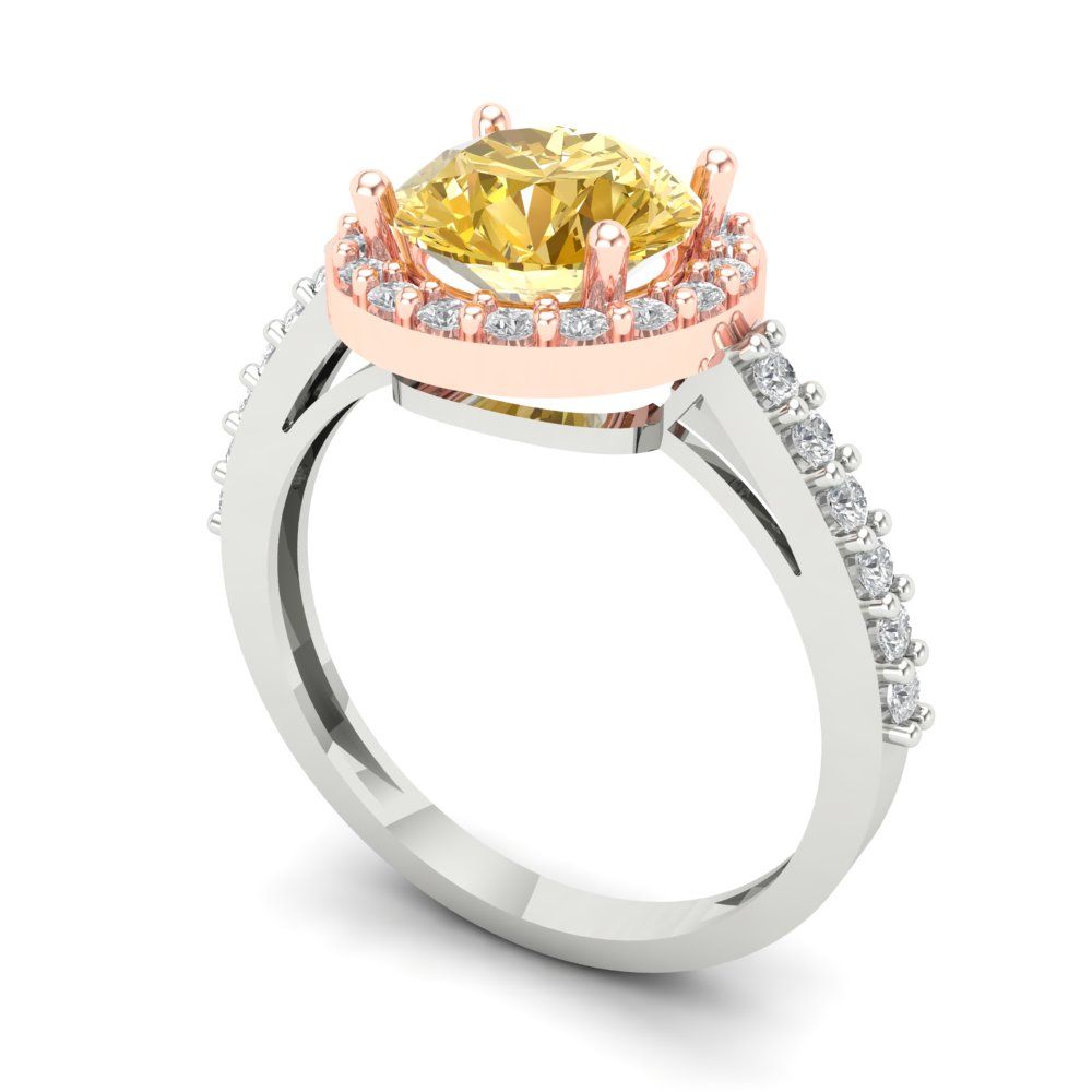 1.86 cttw Yellow Moissanite Solitaire with Zirconia Simulated Diamond Accents Engagement Ring - Solid White/Rose Gold (VVS1, Round Cut,7.5mm)