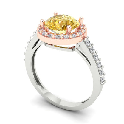 1.86 cttw Yellow Moissanite Solitaire with Zirconia Simulated Diamond Accents Engagement Ring - Solid White/Rose Gold (VVS1, Round Cut,7.5mm)
