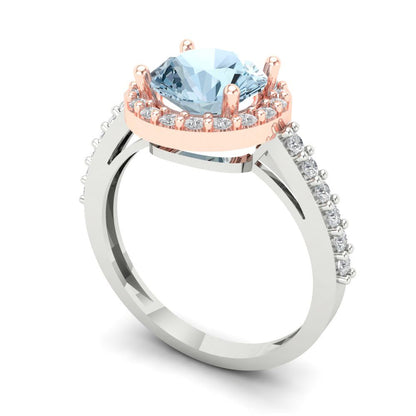 1.86 cttw Natural Swiss Blue Topaz Solitaire with Zirconia Simulated Diamond Accents Engagement Ring - Solid White/Rose Gold (VVS1, Round Cut,7.5mm)