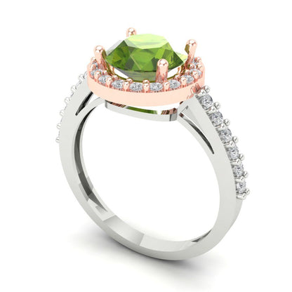 1.86 cttw Natural Peridot Solitaire with Zirconia Simulated Diamond Accents Engagement Ring - Solid Gold (Round Cut,7.5mm)